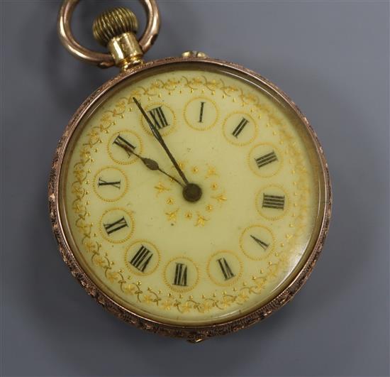 An engraved 18k fob watch with Roman dial.